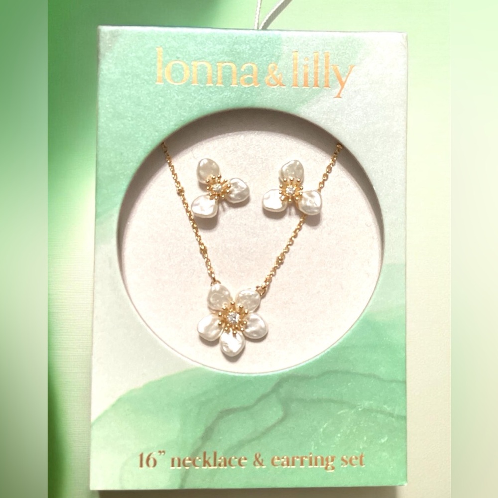 Lonna & Lilly Gold Necklace and Earring Set with White Floral Accents - Picture 2 of 3